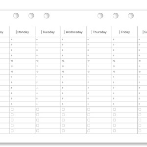 K&ouml;nnte beinhalten: Ein Wochenplaner mit einem leeren Raster f&uuml;r jeden Tag der Woche, von Sonntag bis Samstag. Der Planer hat ein schlichtes Design mit wei&szlig;em Hintergrund und schwarzen Linien.