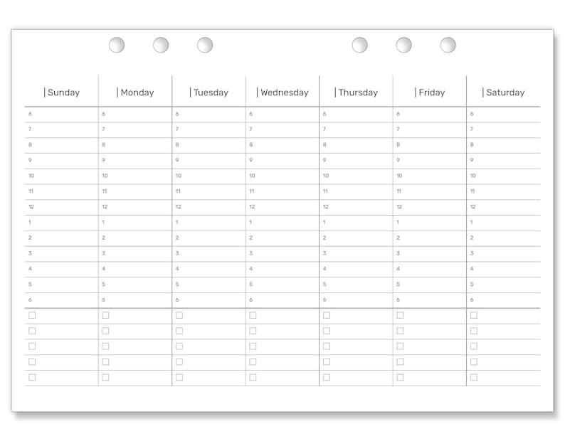 K&ouml;nnte beinhalten: Ein Wochenplaner mit einem leeren Raster f&uuml;r jeden Tag der Woche, von Sonntag bis Samstag. Der Planer hat ein schlichtes Design mit wei&szlig;em Hintergrund und schwarzen Linien.