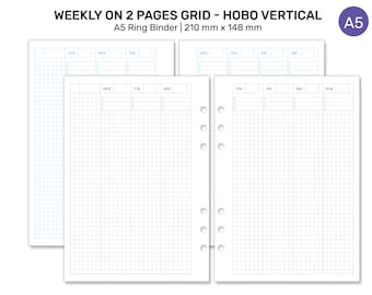 Puede incluir: Un planificador semanal de tamaño A5 con un diseño de cuadrícula para un planificador vertical de estilo hobo. El planificador está diseñado para una carpeta de anillas y mide 210 mm por 148 mm.
