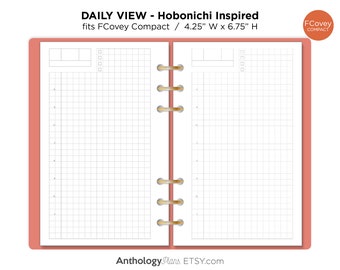 May include: A printable daily planner page inspired by Hobonichi, designed to fit the FCovey Compact size, measuring 4.25 inches wide by 6.75 inches high. The page features a grid layout with space for daily tasks and notes.