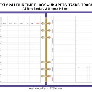 A5 WEEKLY 24 HOUR Time Block with Appointment, Tasks and Tracker Minimalist Printable Planner Insert for Ring Binder A522-012