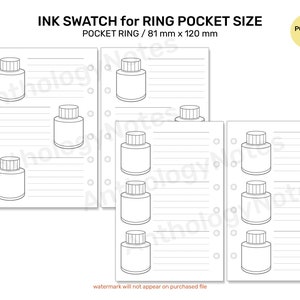 Puede incluir: Hoja de muestra de tinta imprimible para una carpeta de anillas de bolsillo. La hoja tiene 10 contornos de botellas de tinta con líneas para escribir los nombres de las tintas y las muestras. La hoja está diseñada para una carpeta de anillas de 8,1 cm x 12 cm.