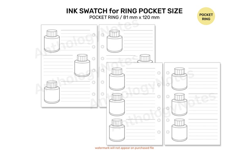 POCKET Ring Size Fountain Pen Ink Swatch Printable Planner Insert ...