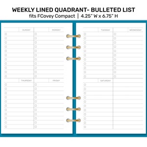 WEEKLY View FC Compact Quadrant Printable Planner Insert Lined Wo2P Bullet List FCC010