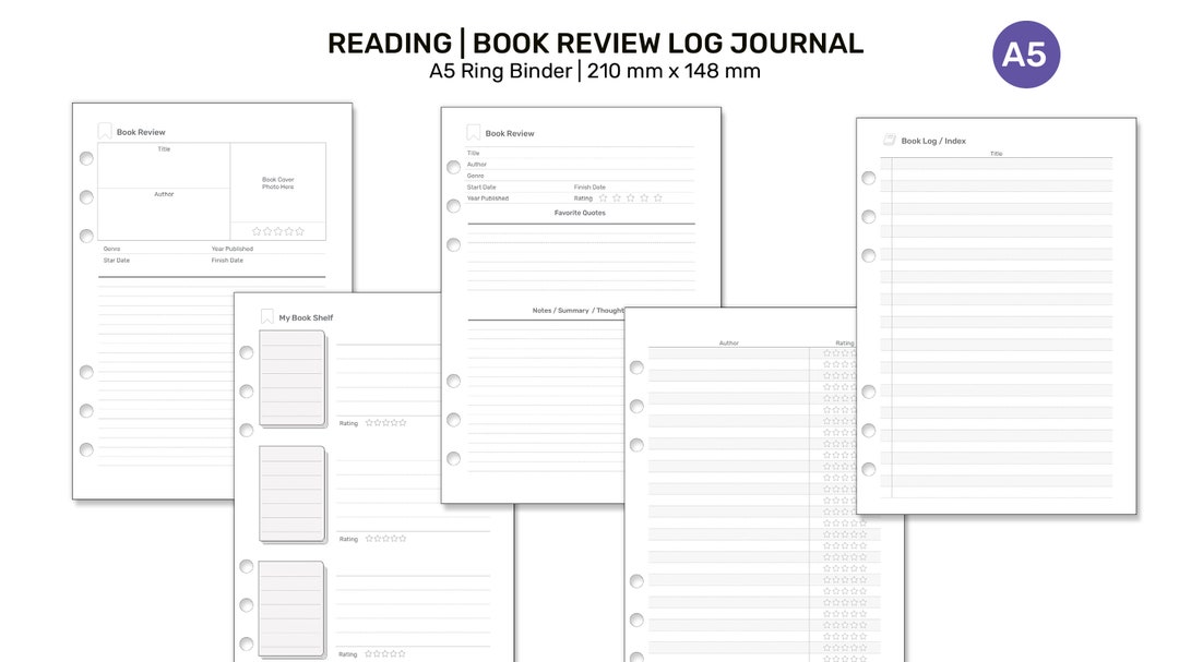 A5 Book Reading LOG Set - Journal Printable Insert Planner for Ring ...