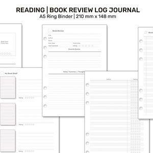 May include: A set of printable A5 book review log journal pages. The pages are designed for use in a ring binder and include sections for book details, notes, and a reading log.