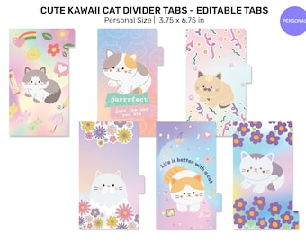 Adorable Personal-Sized CAT DASHBOARD Planner Divider with Pastel Colors and Editable Tabs for Ring Binders