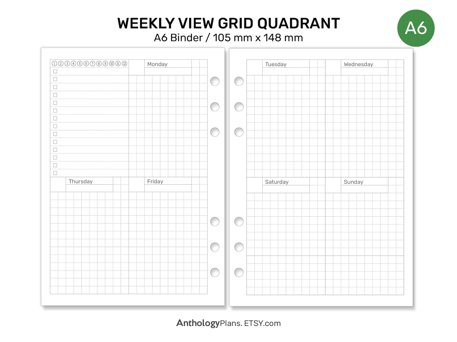 Weekly View Group A6 WEEKLY VIEW Quadrant Grid Printable Planner Insert for Ring Planner ...