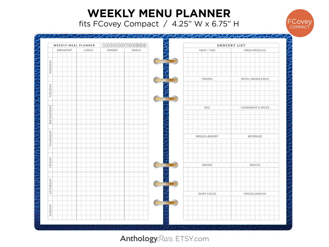 Weekly MEAL Planner With Grocery List GRID Format FC Compact Ring ...