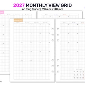 May include: A 2027 monthly view grid planner insert for an A5 ring binder, measuring 210 mm x 148 mm. The white paper features a grid layout with days of the week, a small calendar for October and December 2027, and six punched holes on the side.