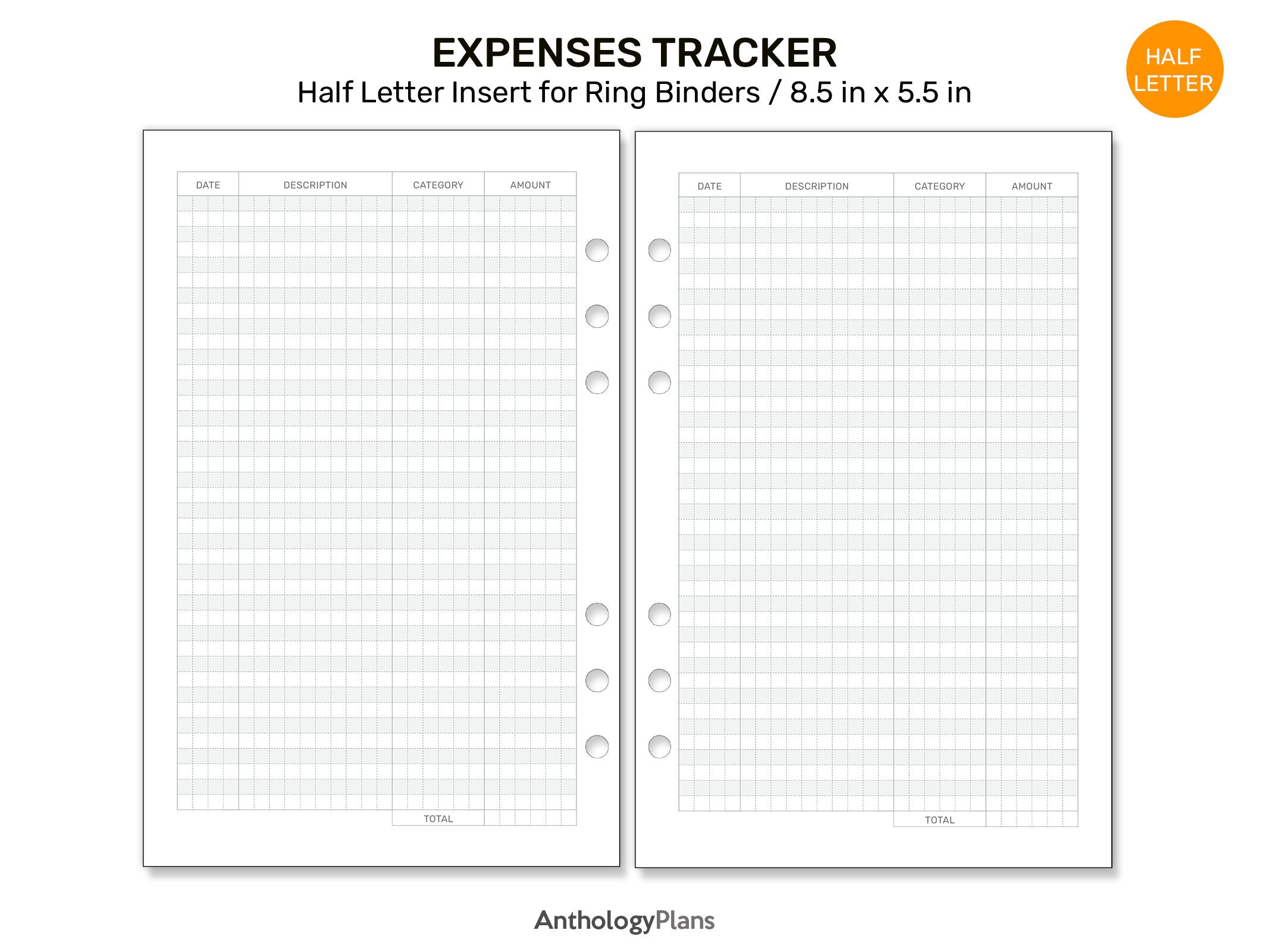 HALF LETTER Expense Tracker GRID Printable Planner Insert for Ring ...