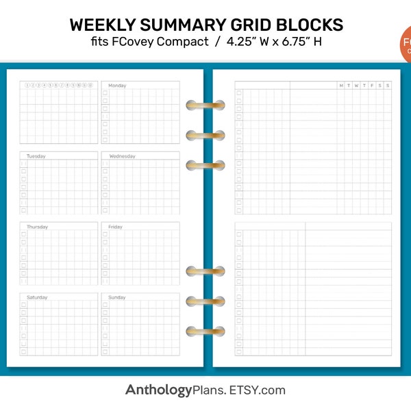 WEEKLY SUMMARY Grid FC Compact Size Printable Planner Insert FCC012