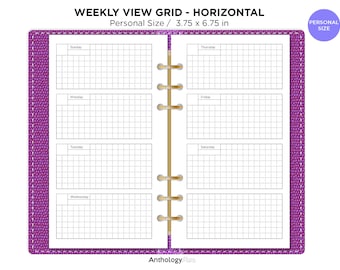 May include: A weekly planner with a horizontal grid layout, designed for personal size planners. The planner is 3.75 inches by 6.75 inches and has a purple cover with a textured design. The planner has a gold coil binding and includes spaces for each day of the week, Sunday through Saturday.