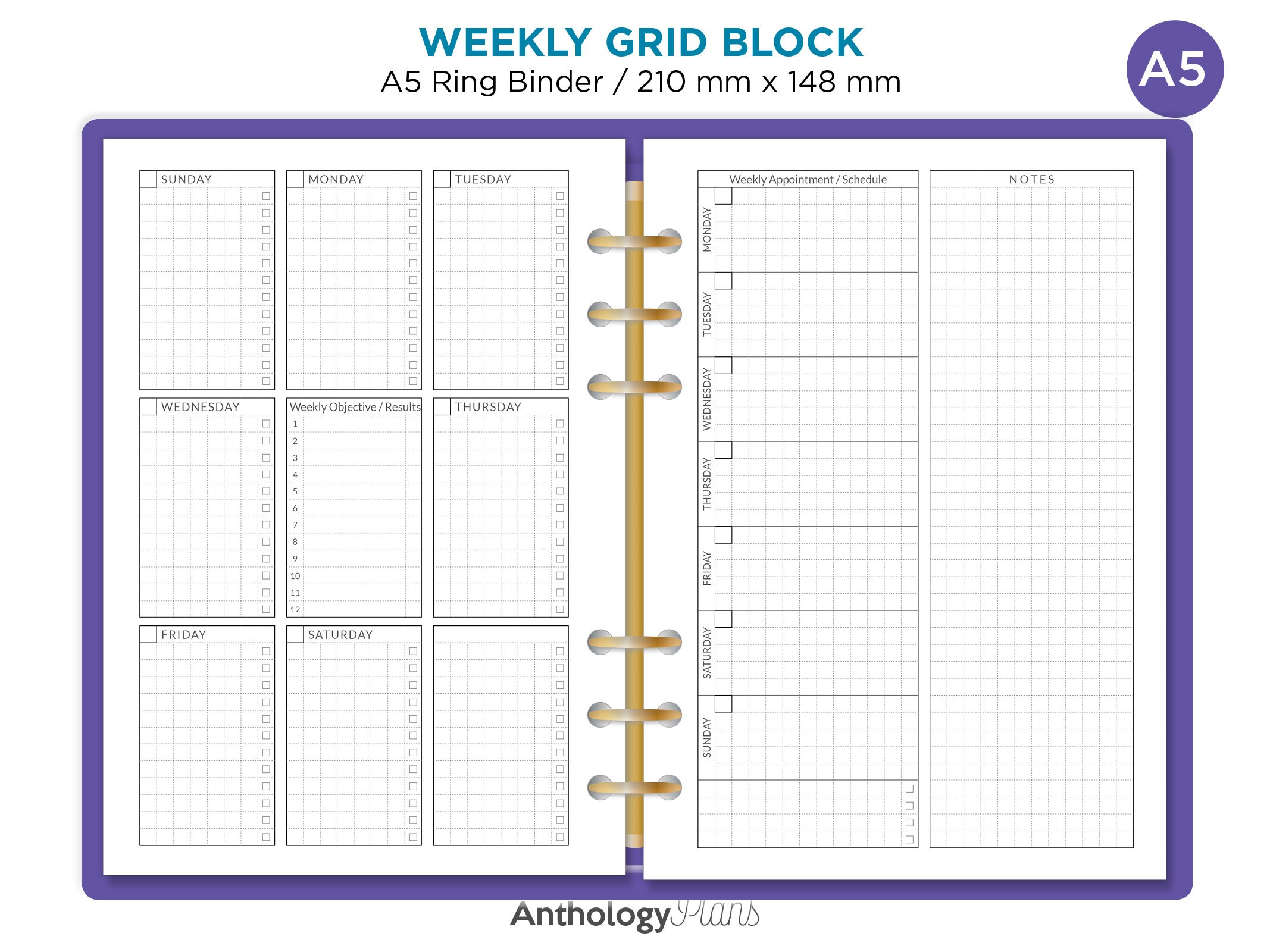 A5 Size Ring Weekly View Unique BLOCK Grid - Etsy