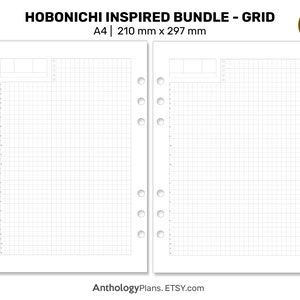 May include: A4 size printable grid paper planner page with a Hobonichi inspired design. The page has a grid pattern and two boxes at the top for notes or headings. The page is designed for use with a disc bound planner.