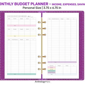Personal Size Monthly Budget Planner - Printable Planner Insert - Income, Savings, Expense Log - Instant Download FP22-028