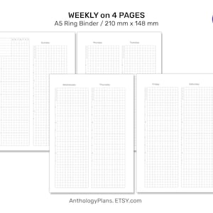 A5 Weekly on 4 Pages GRID Printable Planner Insert Ring Binder Planner ...