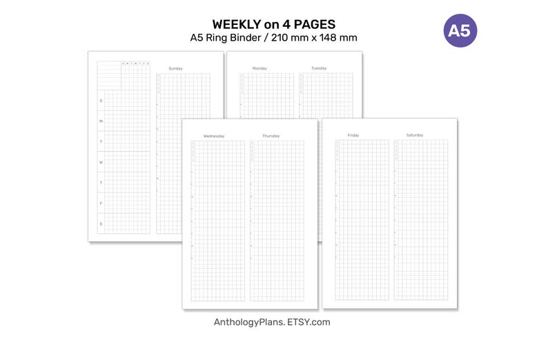 A5 Weekly on 4 Pages GRID Printable Planner Insert Ring Binder Planner ...