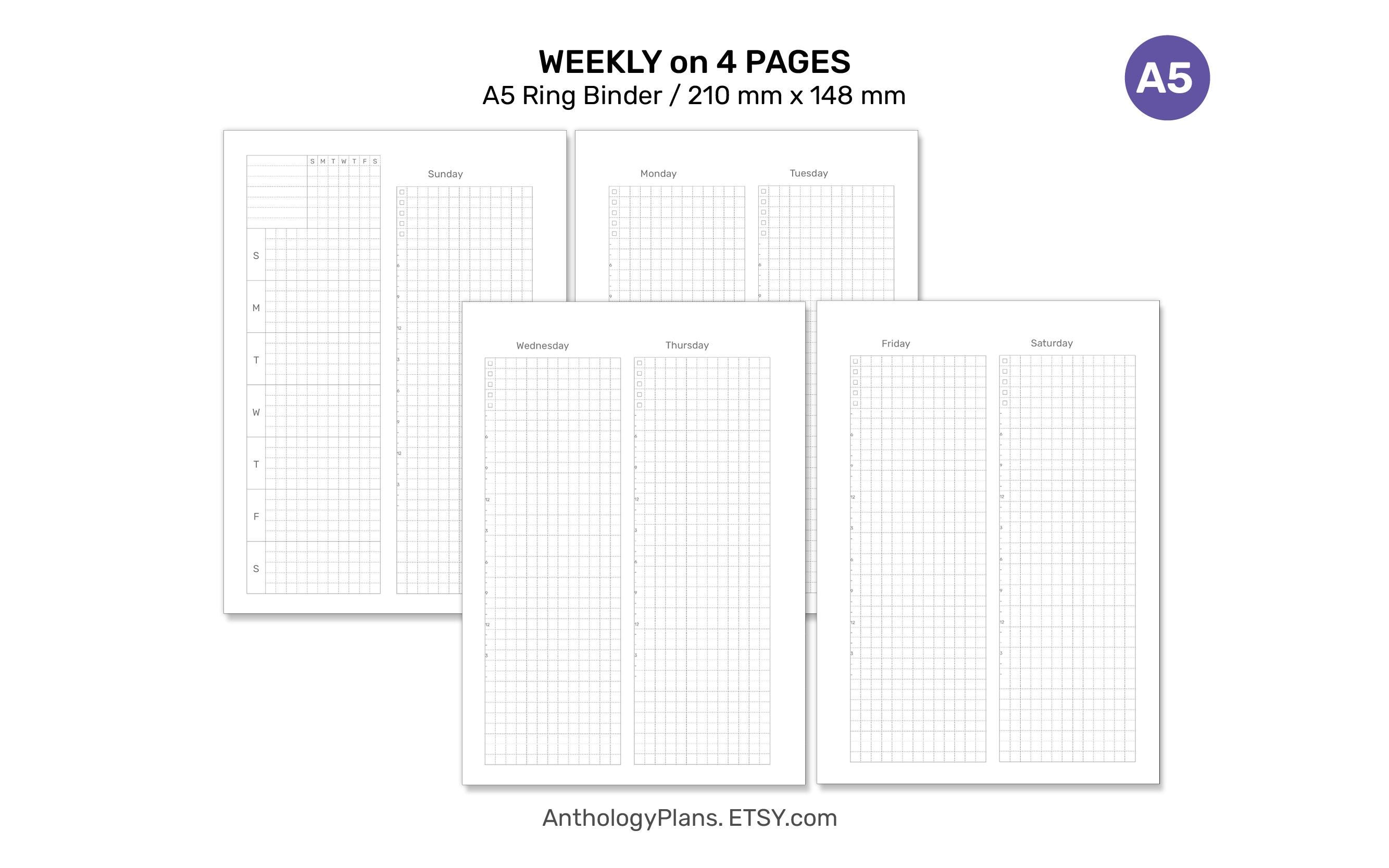 A5 Weekly on 4 Pages GRID Printable Planner Insert Ring Binder Planner ...
