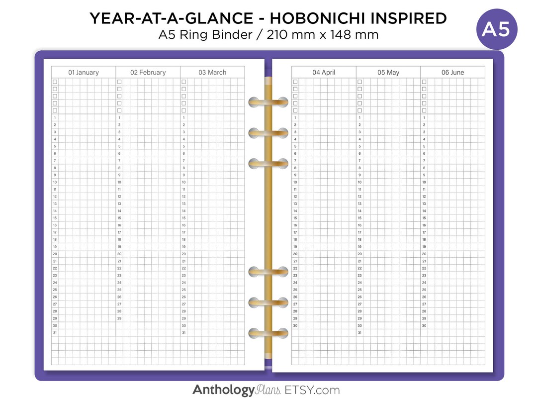 A5 Year-at-glance Hobonichi Inspired - Monthly Index Ring Binder ...