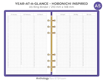 A5 一年をひと目で見る ほぼ日インスパイア - 月間インデックス リングバインダー 印刷可能なリフィルインサート ミニマリスト