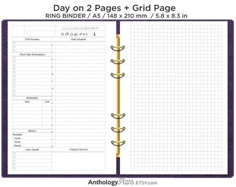 A5 Daily on 2 Pages Printable Filofax Refill Insert Do2P with GRID notes Minimalist & Functional Planning