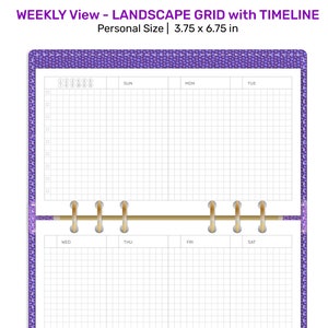 May include: A weekly planner with a landscape grid layout and a timeline. The planner is designed for personal use and measures 3.75 by 6.75 inches. The cover is purple with a textured design.