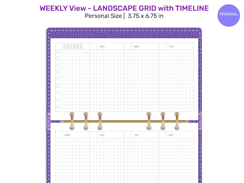 May include: A weekly planner with a landscape grid layout and a timeline. The planner is designed for personal use and measures 3.75 by 6.75 inches. The cover is purple with a textured design.
