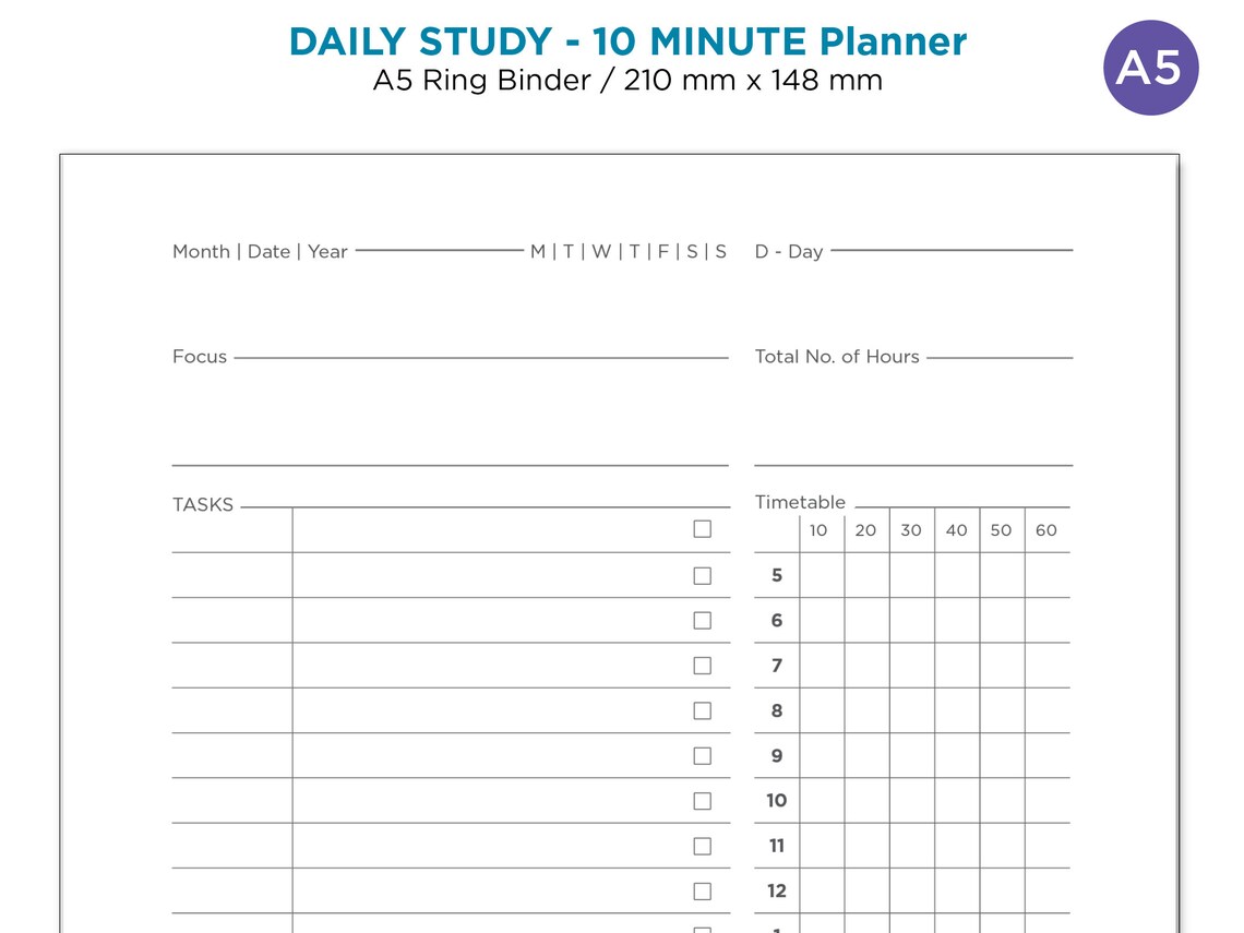 A5 DAILY Study Planner Printable Insert for Ring Binder - Etsy