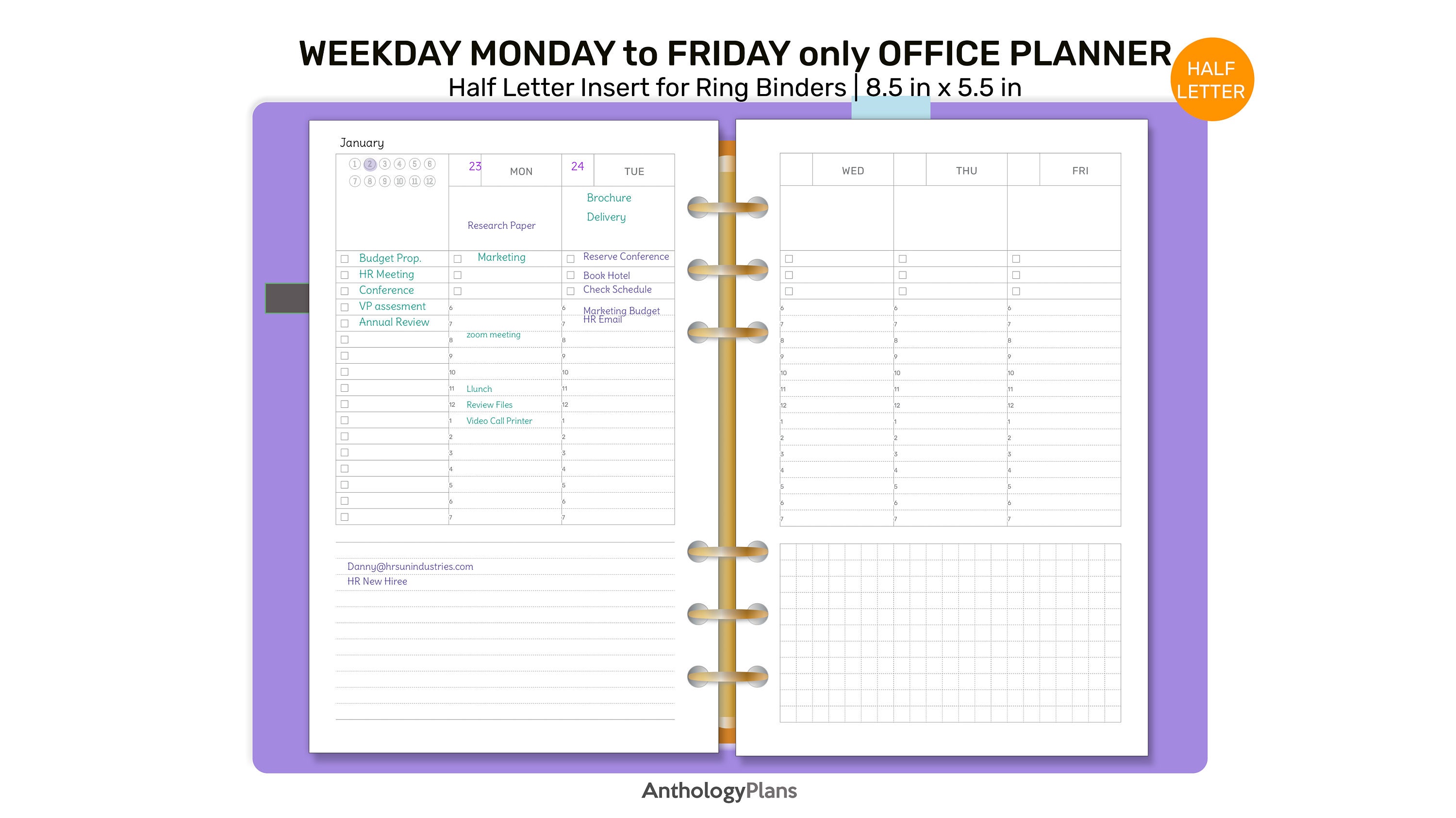 HALF LETTER Week Days ONLY Weekly Work or School Printable Planner ...
