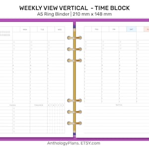 以下が含まれることがあります： 時間ブロックレイアウトの週間縦型プランナー。A5リングバインダー用で、サイズは210mm×148mm。タスク、トラッカー、ノートのセクションがあります。