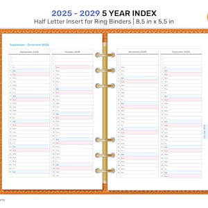 2025 - 2029 5年 ハーフレター 縦型インデックス 印刷可能なプランナー リングバインダー用インサート ミニマリスト