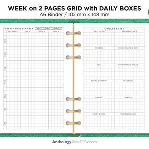GRADE DE MENU Semanal com Lista de Compras A6 Planejador para Impressão Inserir Pasta de Argolas