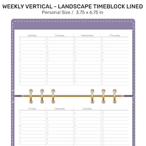May include: A weekly vertical landscape timeblock lined planner with a purple cover and gold rings. The planner is 3.75 inches by 6.75 inches and has a section for each day of the week.