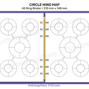 May include: A white A5 ring binder with a purple cover and a circle mind map template. The template has eight circles with four sections each, perfect for brainstorming and organizing ideas.