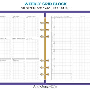 May include: A weekly grid block planner page designed for an A5 ring binder. The page is divided into sections for each day of the week, with space for appointments, objectives, and notes. The page is printed on white paper with black grid lines.