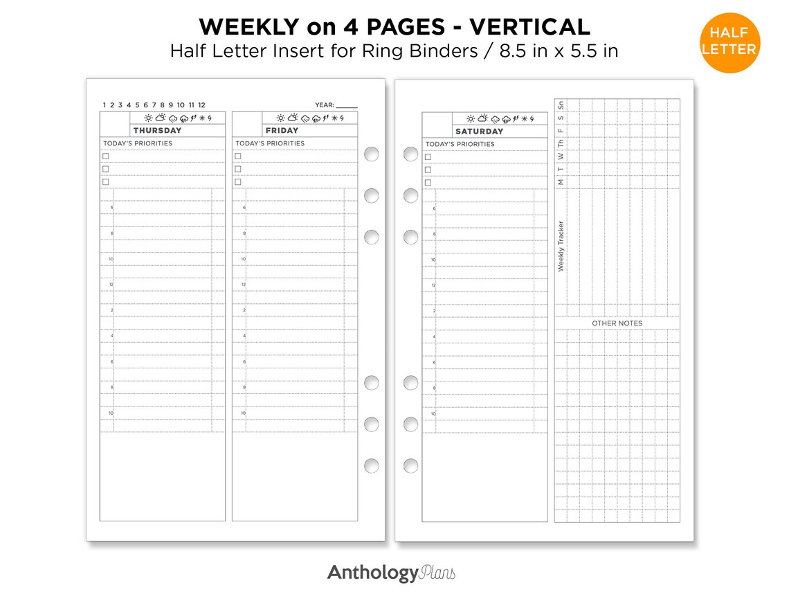 Half Letter Weekly on 4 Pages Vertical Printable Refill for - Etsy