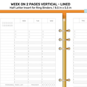 Halbbuchstabe Wöchentlich Vertikal liniert mit wöchentlichem Tracker, tägliche Prioritäten Minimalistischer druckbarer Planer Einsatz für Ring- oder Discgebundene Planer