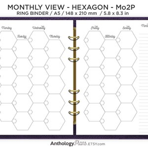 May include: A printable monthly planner page with a hexagon grid layout. The page is designed for a ring binder and measures 5.8 by 8.3 inches. The page is labeled with the days of the week and has a space for notes.