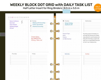 Halve letter wekelijks blok stipraster planner afdrukbare planner invoegen, week op twee pagina's, minimalistische functionele planning - HL22-021