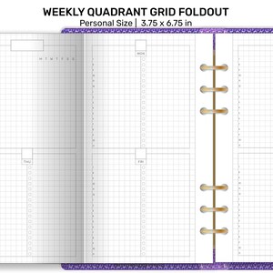 May include: A weekly quadrant grid foldout planner with a personal size of 3.75 x 6.75 inches. The planner features a grid layout for each day of the week, with checkboxes for tasks and time slots. The text "WEEKLY QUADRANT GRID FOLDOUT" is visible.