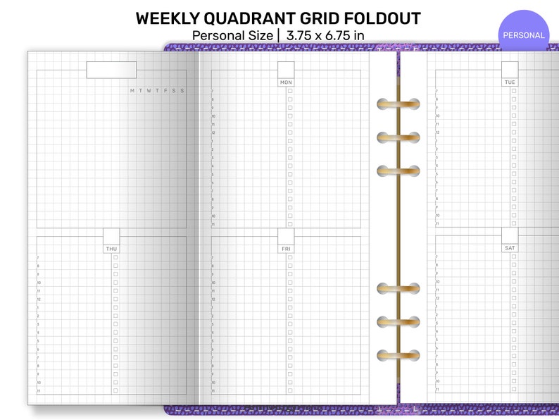 May include: A weekly quadrant grid foldout planner with a personal size of 3.75 x 6.75 inches. The planner features a grid layout for each day of the week, with checkboxes for tasks and time slots. The text "WEEKLY QUADRANT GRID FOLDOUT" is visible.