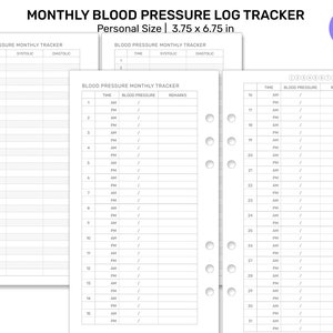 以下が含まれることがあります： 3.75 x 6.75 インチの個人サイズで印刷可能な血圧ログトラッカー。トラッカーには、時間、収縮期、拡張期、備考の列があります。トラッカーは、人々が時間の経過とともに血圧を追跡するのに役立つように設計されています。