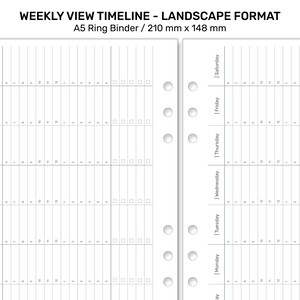 K&ouml;nnte beinhalten: Ein Wochenplaner im Querformat mit einem Rasterlayout zum Planen von Terminen und Aufgaben. Der Planer ist f&uuml;r einen A5-Ringordner konzipiert und misst 210 mm x 148 mm.