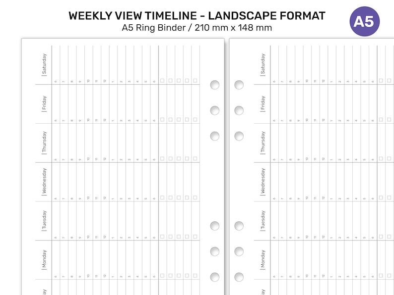 K&ouml;nnte beinhalten: Ein Wochenplaner im Querformat mit einem Rasterlayout zum Planen von Terminen und Aufgaben. Der Planer ist f&uuml;r einen A5-Ringordner konzipiert und misst 210 mm x 148 mm.