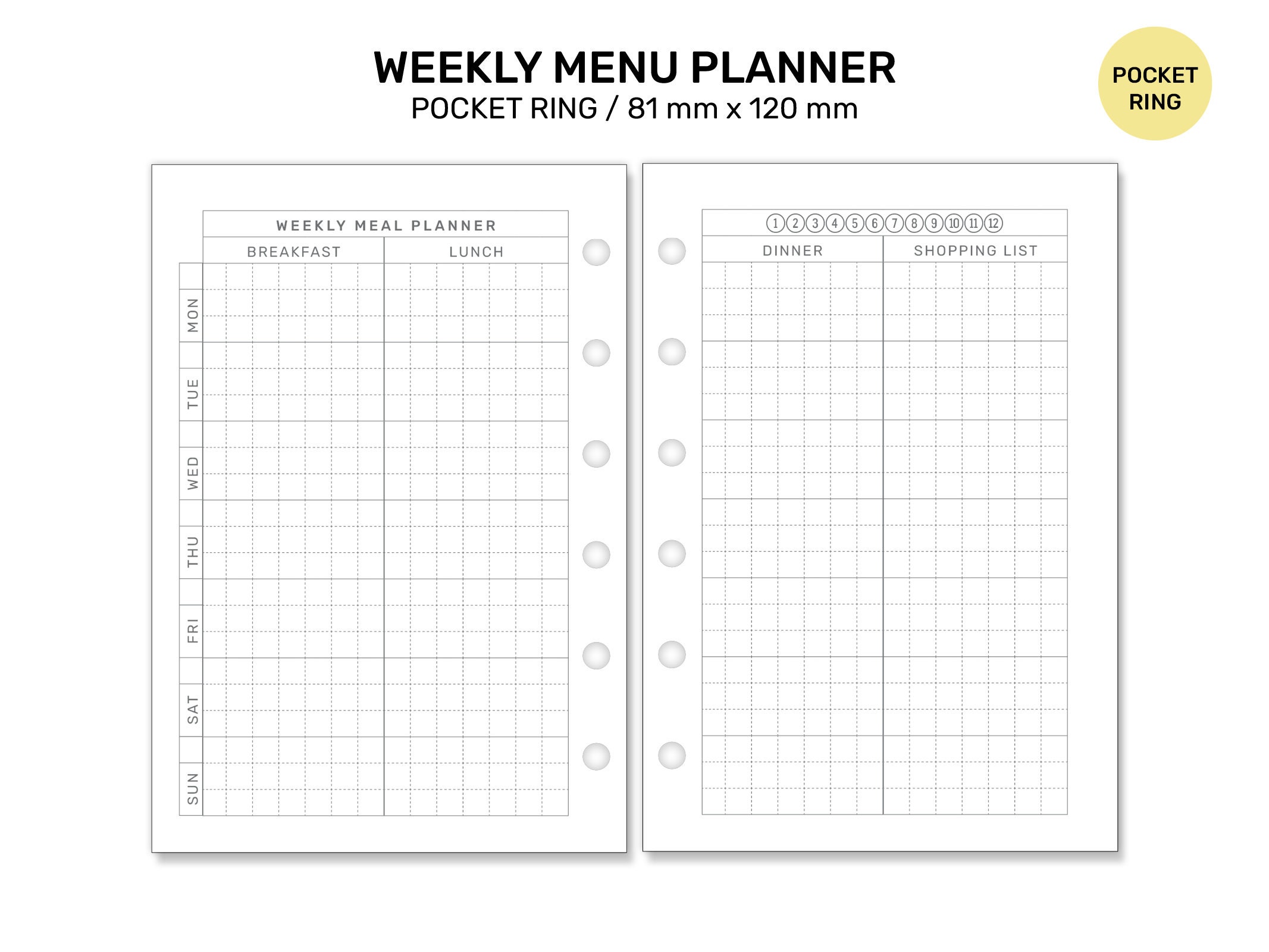 WEEKLY MENU Planner Pocket Ring Printable Planner Insert GRID ...