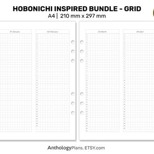 May include: A4 size printable planner pages with a grid layout. The pages are labeled with the months January, February, March, and April. The pages are designed to be used with a disc bound planner.