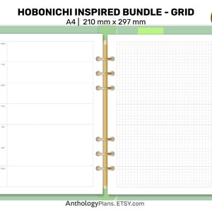 May include: A green and white A4 size Hobonichi inspired planner with a gridded page on the right and a weekly layout on the left. The planner has a gold coil binding.