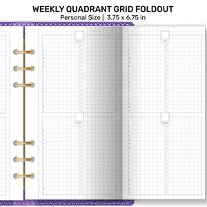 May include: A weekly quadrant grid foldout planner in personal size, 3.75 x 6.75 inches. The planner features a grid layout with sections for each day of the week, with checkboxes for tasks. The cover has a purple glitter design and gold rings.