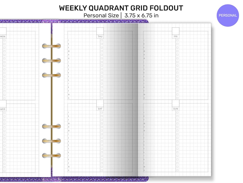 May include: A weekly quadrant grid foldout planner in personal size, 3.75 x 6.75 inches. The planner features a grid layout with sections for each day of the week, with checkboxes for tasks. The cover has a purple glitter design and gold rings.